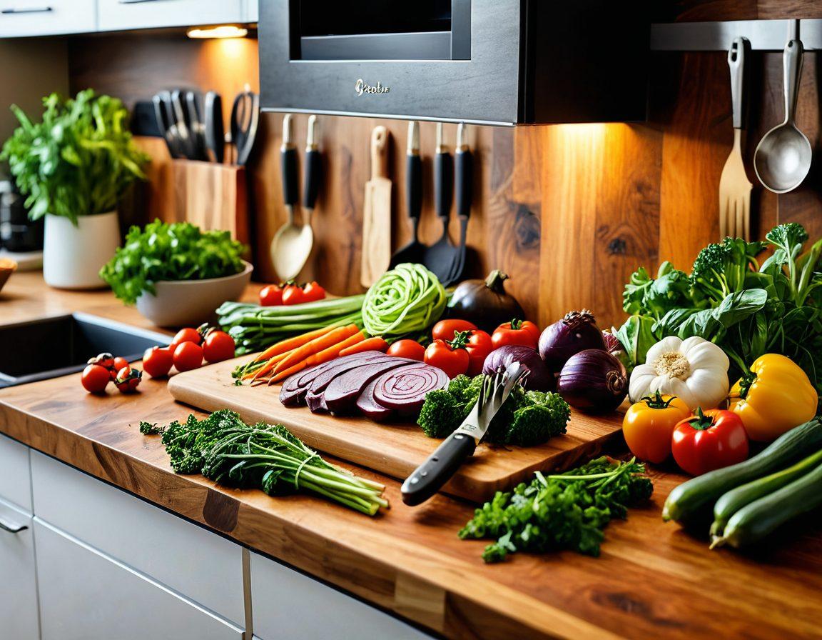 A beautifully organized kitchen with a wooden cutting board, colorful fresh vegetables, and herbs next to high-quality kitchen tools. A chef's knife with a gleaming blade rests atop the board, and a steaming pot is visible in the background, suggesting meal preparation. Attractive, warm lighting enhances a gourmet cooking atmosphere, inviting the viewer to explore culinary creativity. super-realistic. vibrant colors. warm tones.