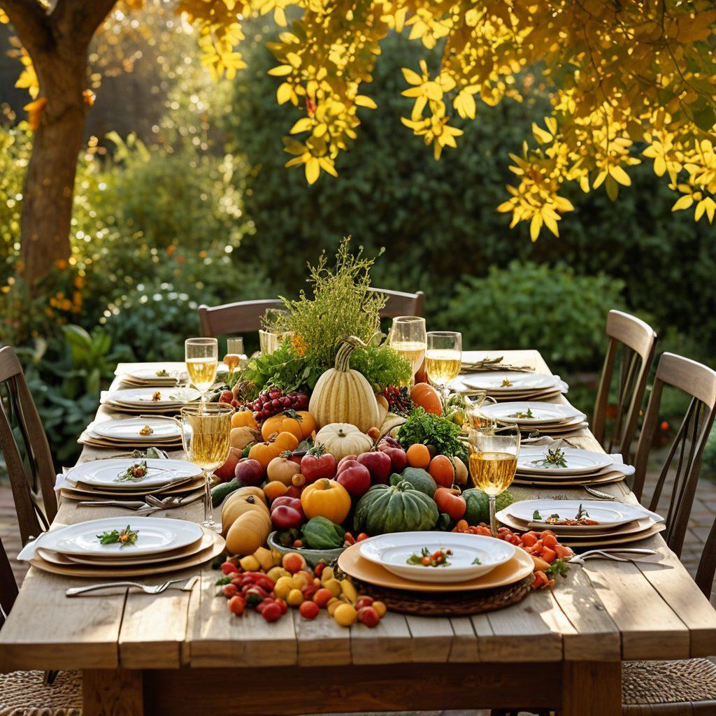 A beautifully arranged dining table set outdoors, adorned with vibrant seasonal vegetables, fruits, and gourmet dishes showcasing natural colors and textures. Soft sunlight filters through autumn leaves in the background, creating a cozy atmosphere. Include elegant dinnerware, herbs, and a hint of rustic charm. Capture the essence of wholesome gourmet cooking. super-realistic. warm tones. soft focus.