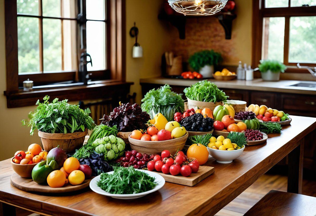 A beautifully arranged table filled with an array of colorful organic fruits and vegetables alongside gourmet dishes, each plated artistically. Incorporate fresh herbs, grains, and vibrant spices to convey health and richness. Soft natural lighting enhances the fresh ingredients, inviting a sense of warmth and creativity in cooking. The background features a rustic wooden kitchen with botanical prints. super-realistic. vibrant colors. warm lighting.